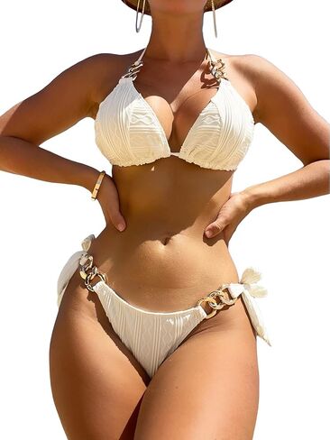 OYOANGLE Women's 2 Piece Chain Linked Halter Triangle Tie Side Bikini Sets Swimsuit Beachwear in Saudi Arabia