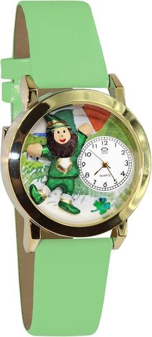 هدايا غريبة الأطوار ساعة عيد القديس باتريك الأيرلندية ثلاثية الأبعاد | لمسة نهائية ذهبية أو فضية | الجدة الممتعة الفريدة | مصنوع يدويًا في الولايات المتحدة الأمريكية | حزام الساعة من الجلد الأخضر in Kuwait