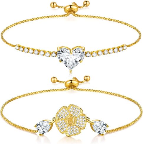 PALBOA Gold Tennis Bracelet Gold Bracelets for Women 14K Gold Plated Cubic Zirconia Sparkling Tennis Bracelet for Women with Gold Heart Flower Pendant Adjustable Slider in Saudi Arabia
