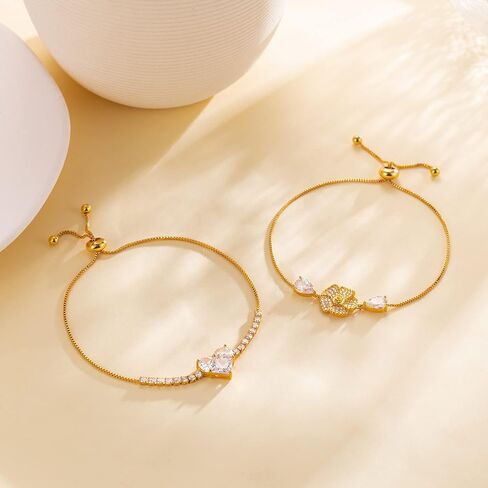 PALBOA Gold Tennis Bracelet Gold Bracelets for Women 14K Gold Plated Cubic Zirconia Sparkling Tennis Bracelet for Women with Gold Heart Flower Pendant Adjustable Slider in Saudi Arabia