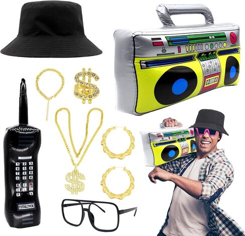 WUEURU 9 قطع ملابس مغني الراب الرائعة 80s/90s الهيب هوب مجموعة إكسسوارات زي حية قابلة للنفخ راديو Boombox الهاتف الذهبي قلادة أقراط حلقة سوار، قبعة دلو النظارات الشمسية، ديكورات الحفلات التنكرية in Kuwait
