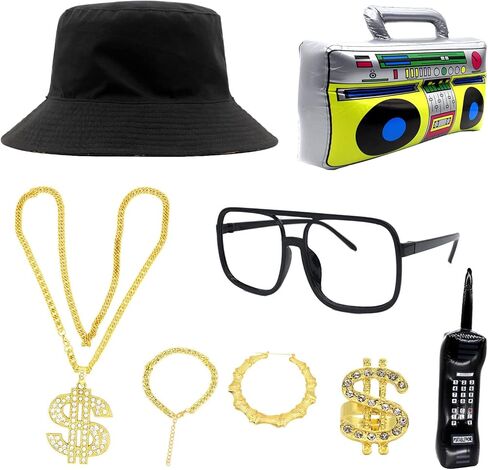 WUEURU 9 قطع ملابس مغني الراب الرائعة 80s/90s الهيب هوب مجموعة إكسسوارات زي حية قابلة للنفخ راديو Boombox الهاتف الذهبي قلادة أقراط حلقة سوار، قبعة دلو النظارات الشمسية، ديكورات الحفلات التنكرية in Kuwait