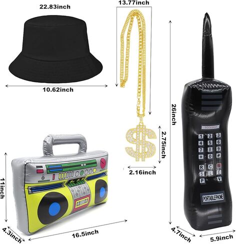 WUEURU 9 قطع ملابس مغني الراب الرائعة 80s/90s الهيب هوب مجموعة إكسسوارات زي حية قابلة للنفخ راديو Boombox الهاتف الذهبي قلادة أقراط حلقة سوار، قبعة دلو النظارات الشمسية، ديكورات الحفلات التنكرية in Kuwait