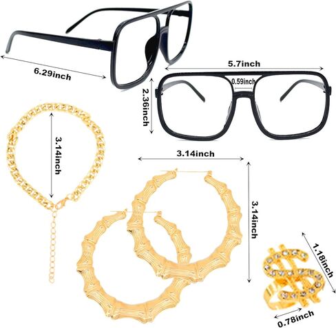 WUEURU 9 قطع ملابس مغني الراب الرائعة 80s/90s الهيب هوب مجموعة إكسسوارات زي حية قابلة للنفخ راديو Boombox الهاتف الذهبي قلادة أقراط حلقة سوار، قبعة دلو النظارات الشمسية، ديكورات الحفلات التنكرية in Kuwait