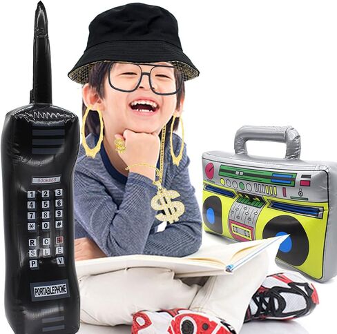 WUEURU 9 قطع ملابس مغني الراب الرائعة 80s/90s الهيب هوب مجموعة إكسسوارات زي حية قابلة للنفخ راديو Boombox الهاتف الذهبي قلادة أقراط حلقة سوار، قبعة دلو النظارات الشمسية، ديكورات الحفلات التنكرية in Kuwait