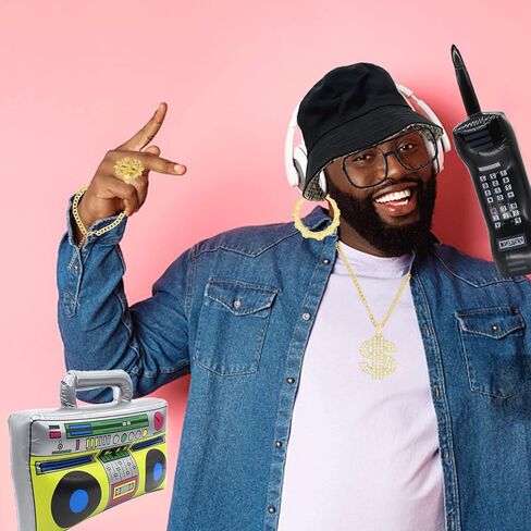 WUEURU 9 قطع ملابس مغني الراب الرائعة 80s/90s الهيب هوب مجموعة إكسسوارات زي حية قابلة للنفخ راديو Boombox الهاتف الذهبي قلادة أقراط حلقة سوار، قبعة دلو النظارات الشمسية، ديكورات الحفلات التنكرية in Kuwait