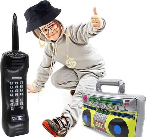 WUEURU 9 قطع ملابس مغني الراب الرائعة 80s/90s الهيب هوب مجموعة إكسسوارات زي حية قابلة للنفخ راديو Boombox الهاتف الذهبي قلادة أقراط حلقة سوار، قبعة دلو النظارات الشمسية، ديكورات الحفلات التنكرية in Kuwait