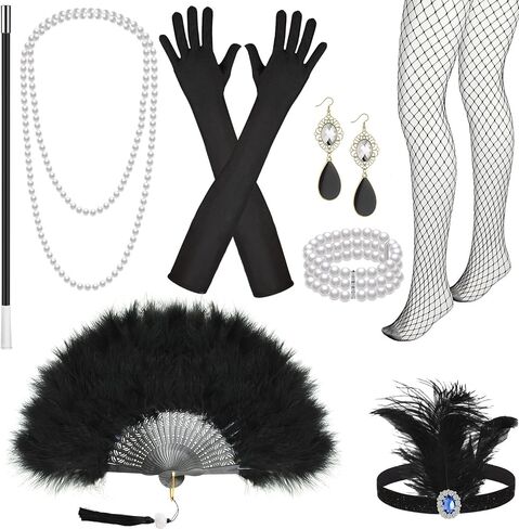 8 Pcs 1920s Flapper Costume Accessories Set Black Feather Fan 1920s Costume Jewelry Headband Earrings Necklace Gloves Holder Bracelet Fishnet Tights 1920s Costume for Women in Saudi Arabia