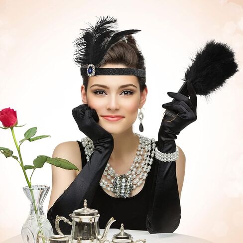 8 Pcs 1920s Flapper Costume Accessories Set Black Feather Fan 1920s Costume Jewelry Headband Earrings Necklace Gloves Holder Bracelet Fishnet Tights 1920s Costume for Women in Saudi Arabia