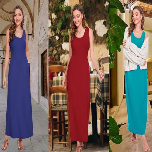 فستان TAIPOVE ماكسي بدون أكمام مع جيوب حمالة صدر على الرف للنساء، زلات كاملة، قمصان نوم طويلة للغاية، صيفية غير رسمية in Kuwait