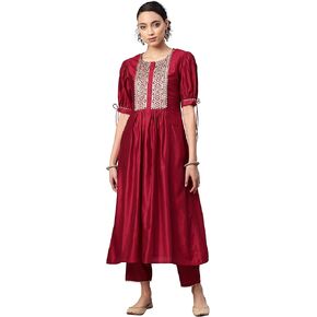 طقم بنطلون كورتا مستقيم للنساء من INDO ERA باللون الأحمر الهندي من الفسكوز بتصميم Yoke صلب بطول الساق in Kuwait