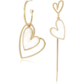 ANDPAI 14K Gold Plated Asymmetry Long Tassel Black White Love Heart Dangle Drop Earrings for Women Girls Fashion Elegant Hoop Earrings Jewelry