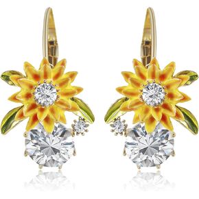 Sunflower Cubic Zirconia Dangle Earrings - Gold Leverback Swarovski Crystal Halo Enamel Earrings for Women Girls, by Smilephil