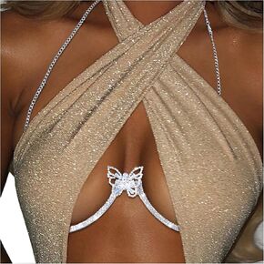 Rhinestone Chest Bracket Bra Chain Sexy Bikini Crystal Body Chains Butterfly Chest Chain Body Jewelry Accessories for Women and Girls in Kuwait