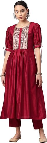 طقم بنطلون كورتا مستقيم للنساء من INDO ERA باللون الأحمر الهندي من الفسكوز بتصميم Yoke صلب بطول الساق in Kuwait