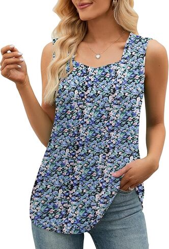LUYAA المرأة بلا أكمام تانك القمم مطبوعة مطوي فضفاض بلوزة عادية قميص تانك القمم للنساء الصيف in Kuwait