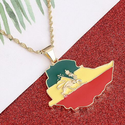 Ethiopian Flag Lion Map Pendant Necklace For Women Men Jewelry Map Chain in Saudi Arabia