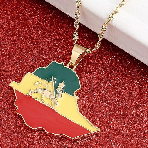Ethiopian Flag Lion Map Pendant Necklace For Women Men Jewelry Map Chain in Saudi Arabia