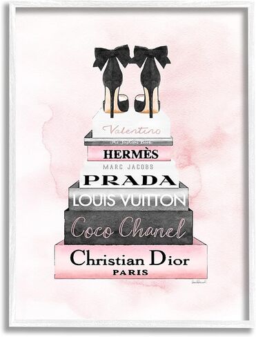 Stupell Industries Heels Pink Silver Bookstack Glam Fashion Design, Designed by Amanda Greenwood Wall Art, 11x14, Black Framed in Saudi Arabia