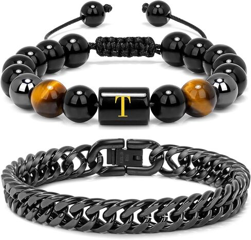 Raicegs Bracelets for Men Valentine's Day Gifts; Initial Bracelet for Men Stainless Steel Bracelets Black Obsidian Tigers Eye Hematite Beaded Bracelets Mens Letter Bracelet 7.9 "Cuban Link Chain Bracelet Set Stress Relief Anxiety Bracelets in Saudi Arabia