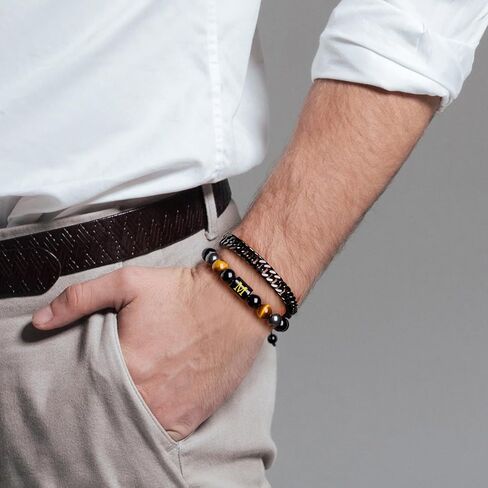 Raicegs Bracelets for Men Valentine's Day Gifts; Initial Bracelet for Men Stainless Steel Bracelets Black Obsidian Tigers Eye Hematite Beaded Bracelets Mens Letter Bracelet 7.9 "Cuban Link Chain Bracelet Set Stress Relief Anxiety Bracelets in Saudi Arabia