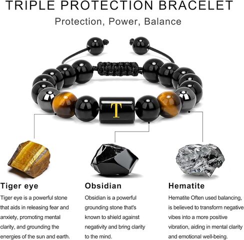 Raicegs Bracelets for Men Valentine's Day Gifts; Initial Bracelet for Men Stainless Steel Bracelets Black Obsidian Tigers Eye Hematite Beaded Bracelets Mens Letter Bracelet 7.9 "Cuban Link Chain Bracelet Set Stress Relief Anxiety Bracelets in Saudi Arabia