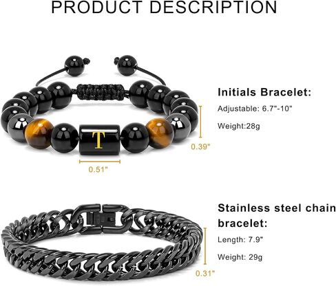 Raicegs Bracelets for Men Valentine's Day Gifts; Initial Bracelet for Men Stainless Steel Bracelets Black Obsidian Tigers Eye Hematite Beaded Bracelets Mens Letter Bracelet 7.9 "Cuban Link Chain Bracelet Set Stress Relief Anxiety Bracelets in Saudi Arabia