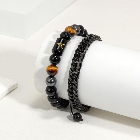 Raicegs Bracelets for Men Valentine's Day Gifts; Initial Bracelet for Men Stainless Steel Bracelets Black Obsidian Tigers Eye Hematite Beaded Bracelets Mens Letter Bracelet 7.9 "Cuban Link Chain Bracelet Set Stress Relief Anxiety Bracelets in Saudi Arabia