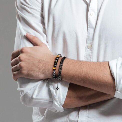 Raicegs Bracelets for Men Valentine's Day Gifts; Initial Bracelet for Men Stainless Steel Bracelets Black Obsidian Tigers Eye Hematite Beaded Bracelets Mens Letter Bracelet 7.9 "Cuban Link Chain Bracelet Set Stress Relief Anxiety Bracelets in Saudi Arabia