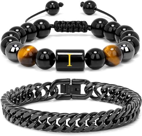 Raicegs Bracelets for Men Valentine's Day Gifts; Initial Bracelet for Men Stainless Steel Bracelets Black Obsidian Tigers Eye Hematite Beaded Bracelets Mens Letter Bracelet 7.9 "Cuban Link Chain Bracelet Set Stress Relief Anxiety Bracelets in Saudi Arabia