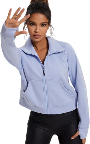 APWKL سترة نسائية مبطنة بالصوف بلوزات مقصوصة معاطف شتوية كبيرة الحجم دافئة موضة كم طويل جيوب علوية in Kuwait