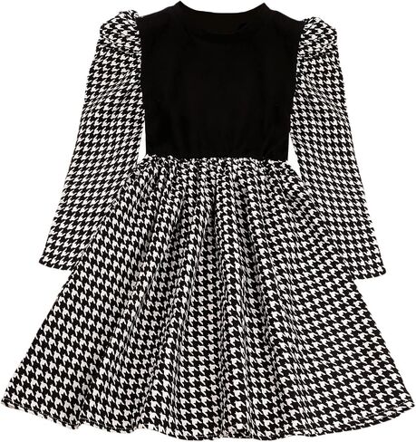 WDIRARA Girl's Colorblock Houndstooth Print Long Sleeve Round Neck Pleated Midi Dress in Saudi Arabia
