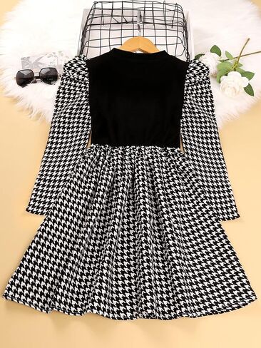 WDIRARA Girl's Colorblock Houndstooth Print Long Sleeve Round Neck Pleated Midi Dress in Saudi Arabia