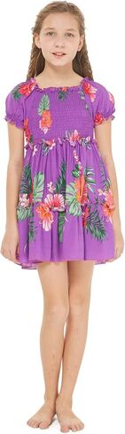 Girl Hawaiian Short Sleeve Elastic Layer Ruffle Dress in Pretty Tropical Hot Pink in Saudi Arabia