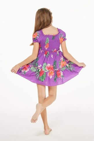 Girl Hawaiian Short Sleeve Elastic Layer Ruffle Dress in Pretty Tropical Hot Pink in Saudi Arabia