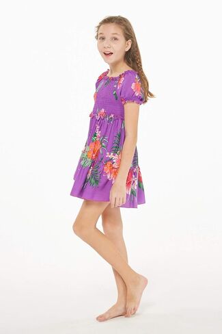 Girl Hawaiian Short Sleeve Elastic Layer Ruffle Dress in Pretty Tropical Hot Pink in Saudi Arabia