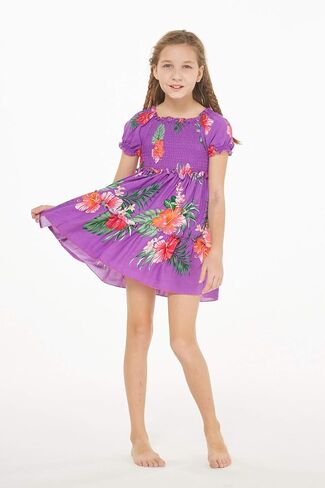 Girl Hawaiian Short Sleeve Elastic Layer Ruffle Dress in Pretty Tropical Hot Pink in Saudi Arabia