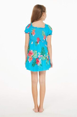 Girl Hawaiian Short Sleeve Elastic Layer Ruffle Dress in Pretty Tropical Hot Pink in Saudi Arabia