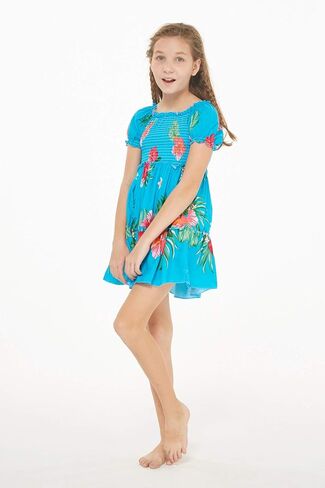 Girl Hawaiian Short Sleeve Elastic Layer Ruffle Dress in Pretty Tropical Hot Pink in Saudi Arabia
