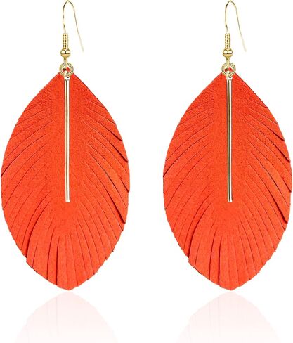 YUNXI Large Genuine Soft Leather Handmade Fringe Feather Lightweight Leaf with Simple Drop Metal Bar Tear Drop Dangle Color Earrings for Women Girls in Saudi Arabia