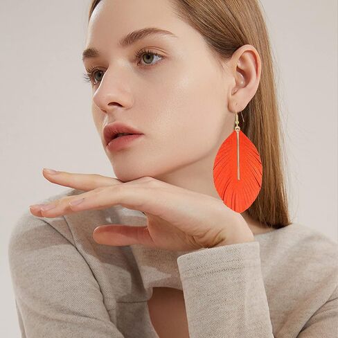 YUNXI Large Genuine Soft Leather Handmade Fringe Feather Lightweight Leaf with Simple Drop Metal Bar Tear Drop Dangle Color Earrings for Women Girls in Saudi Arabia