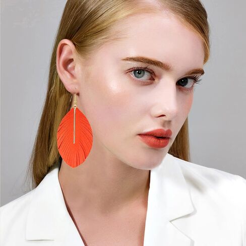 YUNXI Large Genuine Soft Leather Handmade Fringe Feather Lightweight Leaf with Simple Drop Metal Bar Tear Drop Dangle Color Earrings for Women Girls in Saudi Arabia