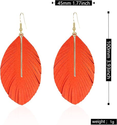 YUNXI Large Genuine Soft Leather Handmade Fringe Feather Lightweight Leaf with Simple Drop Metal Bar Tear Drop Dangle Color Earrings for Women Girls in Saudi Arabia