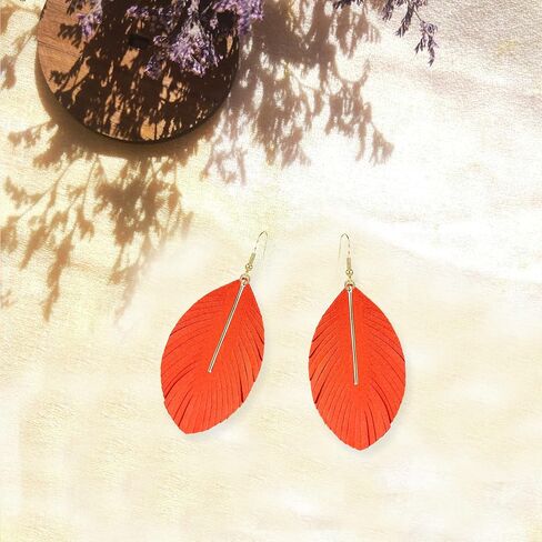 YUNXI Large Genuine Soft Leather Handmade Fringe Feather Lightweight Leaf with Simple Drop Metal Bar Tear Drop Dangle Color Earrings for Women Girls in Saudi Arabia