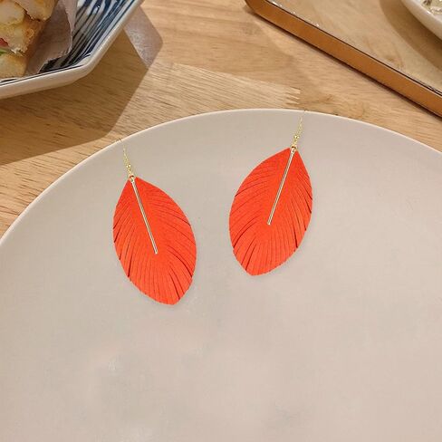 YUNXI Large Genuine Soft Leather Handmade Fringe Feather Lightweight Leaf with Simple Drop Metal Bar Tear Drop Dangle Color Earrings for Women Girls in Saudi Arabia