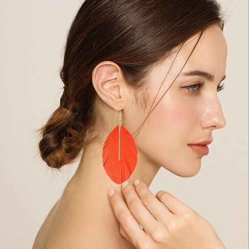 YUNXI Large Genuine Soft Leather Handmade Fringe Feather Lightweight Leaf with Simple Drop Metal Bar Tear Drop Dangle Color Earrings for Women Girls in Saudi Arabia