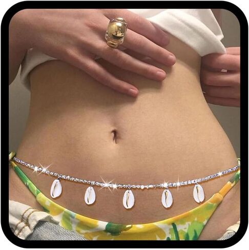 GEMILY Boho Rhinestone Waist Chain Silver Seashell Sparkly Belly Chain Fashion Crystal Body Chain Jewelry for Women and Girls in Saudi Arabia