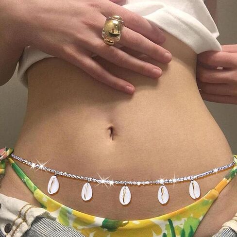 GEMILY Boho Rhinestone Waist Chain Silver Seashell Sparkly Belly Chain Fashion Crystal Body Chain Jewelry for Women and Girls in Saudi Arabia