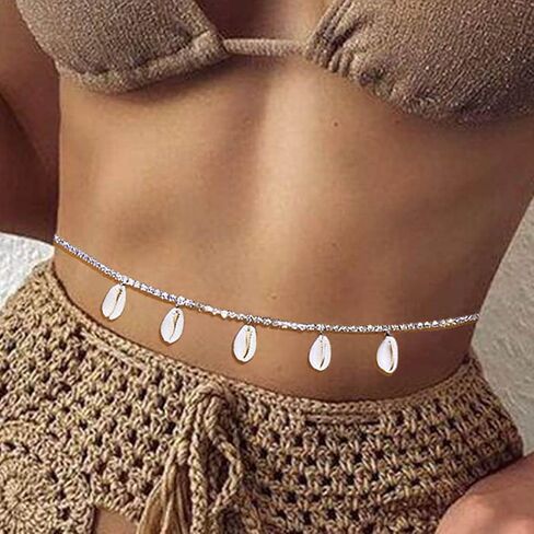 GEMILY Boho Rhinestone Waist Chain Silver Seashell Sparkly Belly Chain Fashion Crystal Body Chain Jewelry for Women and Girls in Saudi Arabia