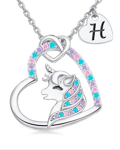 THECEROS Valentines Day Gifts for Girls - Unicorns Heart Pendant Sterling Silver Necklaces for Girl Jewelry 18K White Gold Plated Colorful CZ Initial Necklace Birthday Gifts for Daughter Niece Teen in Saudi Arabia